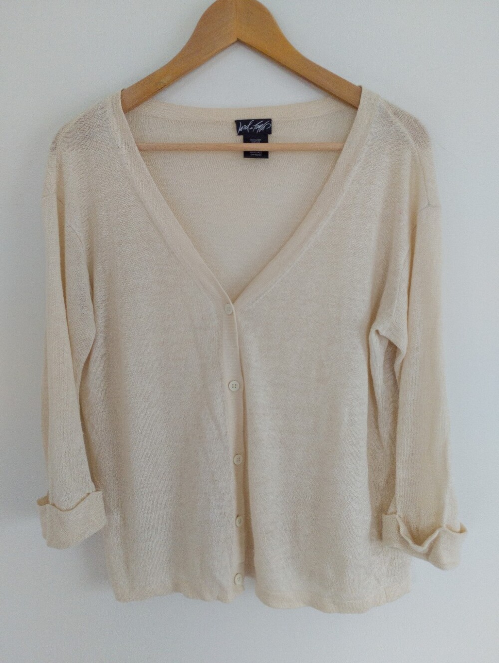 Lord & Taylor 100% Linen Cream V-Neck Button Cardigan Sweater Small
